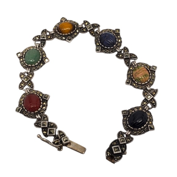 Vintage Marcasite Sterling Silver Carved Gemstone Scarab Bracelet #20595 - Picture 8 of 10